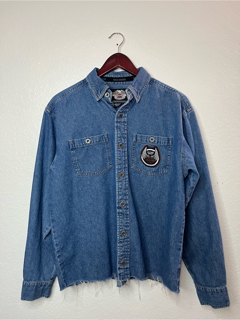 Vintage Harley Davidson 105th Anniversary Denim Cropped Button Up Shirt Size S